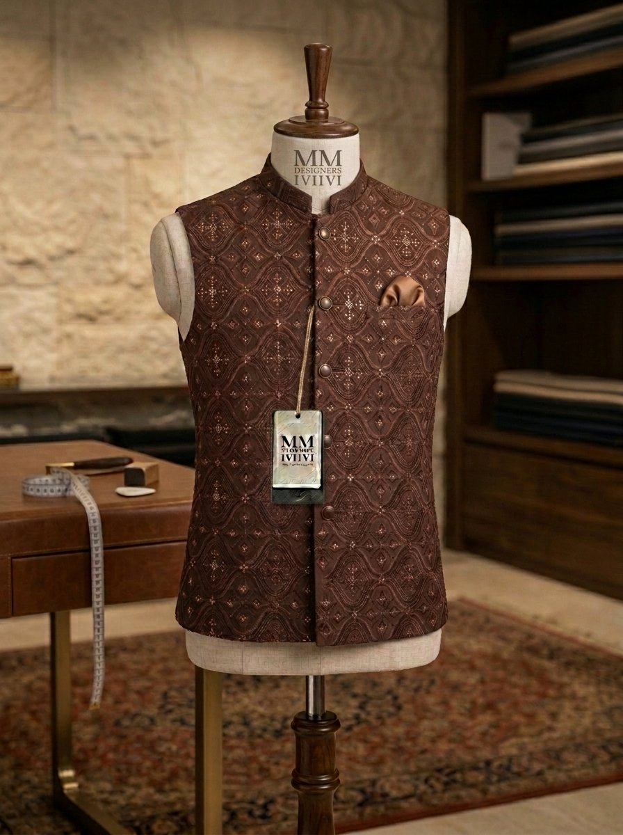 Brown Sequence Embroidered Waistcoat